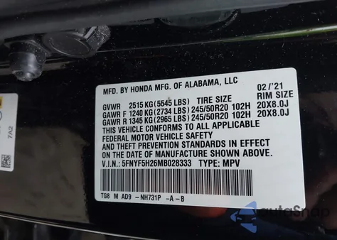 2021 Honda Pilot 2Wd Special Edition z USA, uszkodzony, nr VIN 5FNYF5H26MB028333
